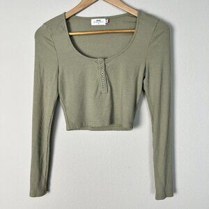 Base By Hello Molly Sage Green Rib Knit Long Sleeve Henley Crop Top Size Small